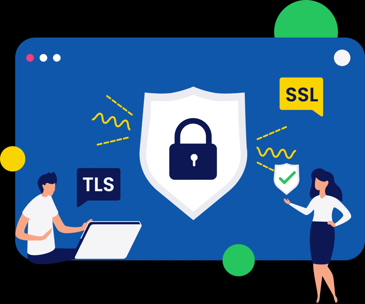 Ilustración de una representación de seguridad digital con un gran escudo y un candado, que simboliza el cifrado SSL y TLS. A la izquierda, una persona está sentada con un portátil junto a un icono de "TLS", y a la derecha, una mujer señala un pequeño escudo con una marca de verificación. Elementos gráficos amarillos y verdes completan el diseño.