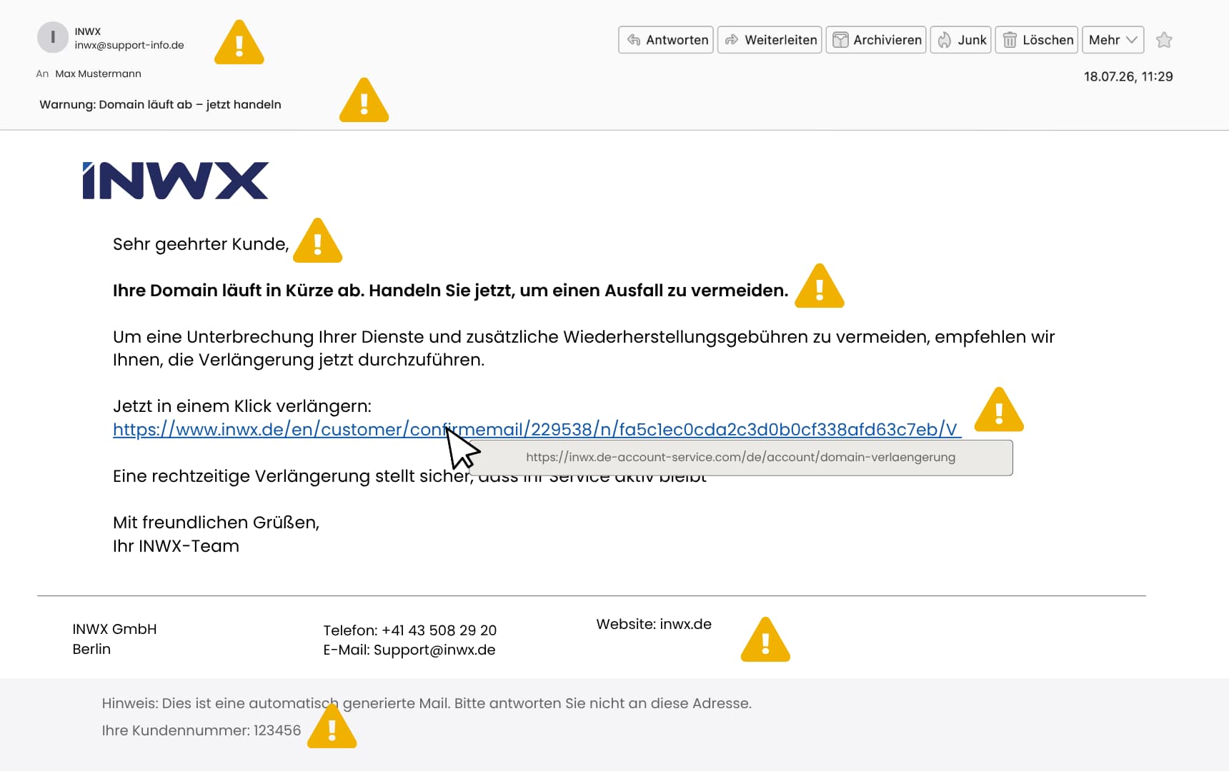 Beispiel einer Phishing-Mail im INWX-Design, Warnzeichen wie Absender, Link und Footer sind markiert