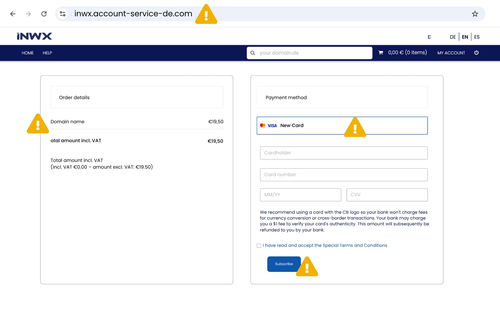 Example of a phishing website in INWX design, with warning signs such as domain and wording marked